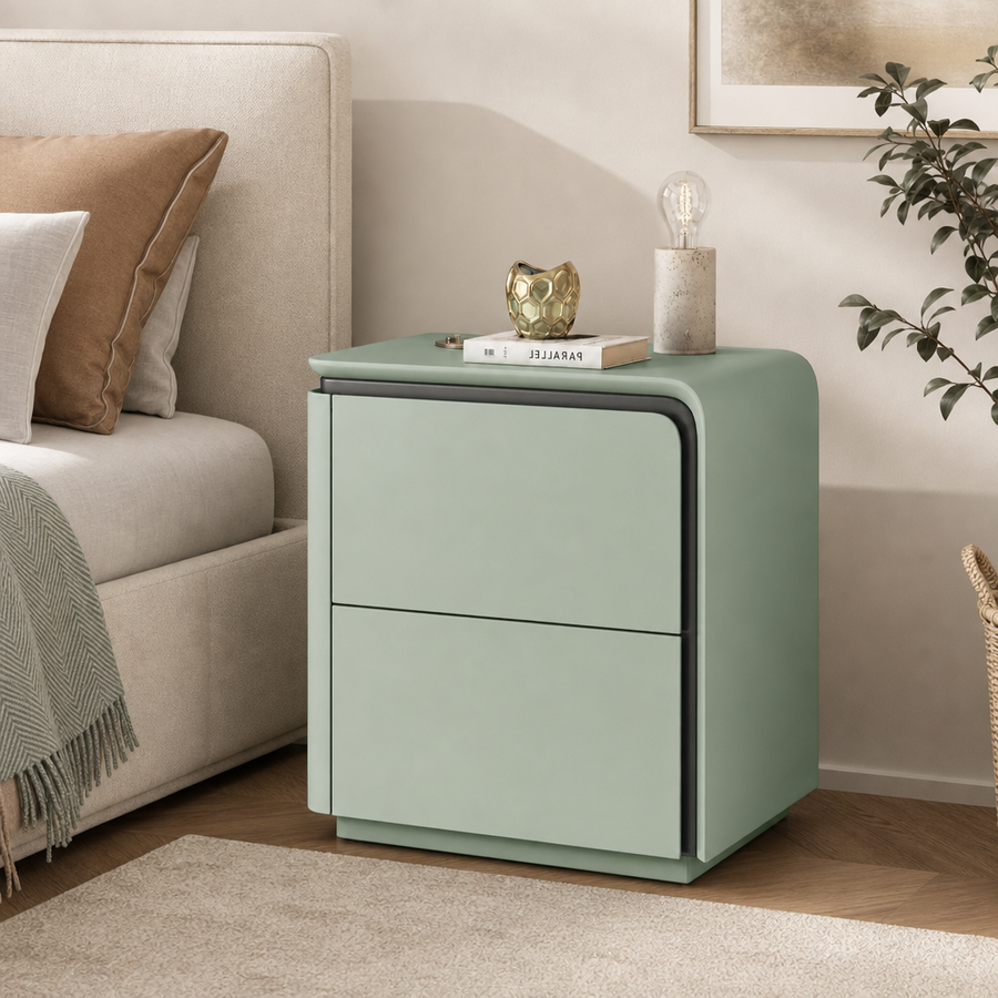 Noptiera mint green cu 2 Sertare, MDF, 50x40x48cm cu design curbat  - in context de utilizare