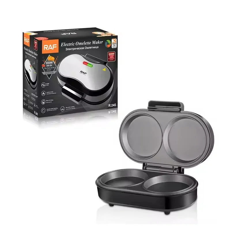 Aparat electric pentru burgeri/omleta/waffles/sandwich, RAF R245, 850 W, 28x23x16 cm, negru