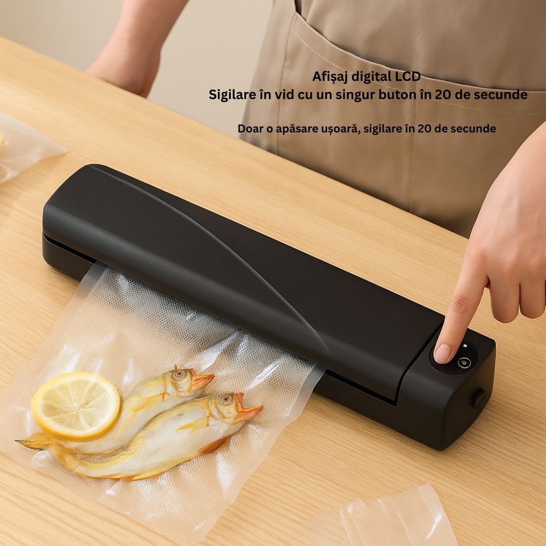 Aparat de sigilat si vidat Vacuum Sealer digital, 90W, 10 pungi incluse