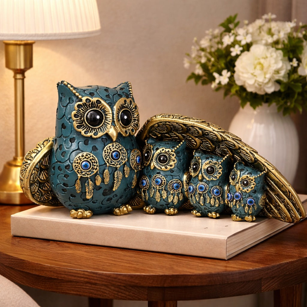 Statueta decorativa Familie de Bufnite din rasina simbol al protectiei si intelepciunii 21 x 8.5 x 10 cm