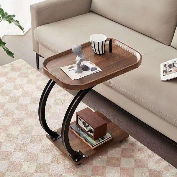 RESIGILAT - Masuta de cafea pentru living, design nordic in formă de C, cu 2 niveluri, pe roți 52x34x60cm