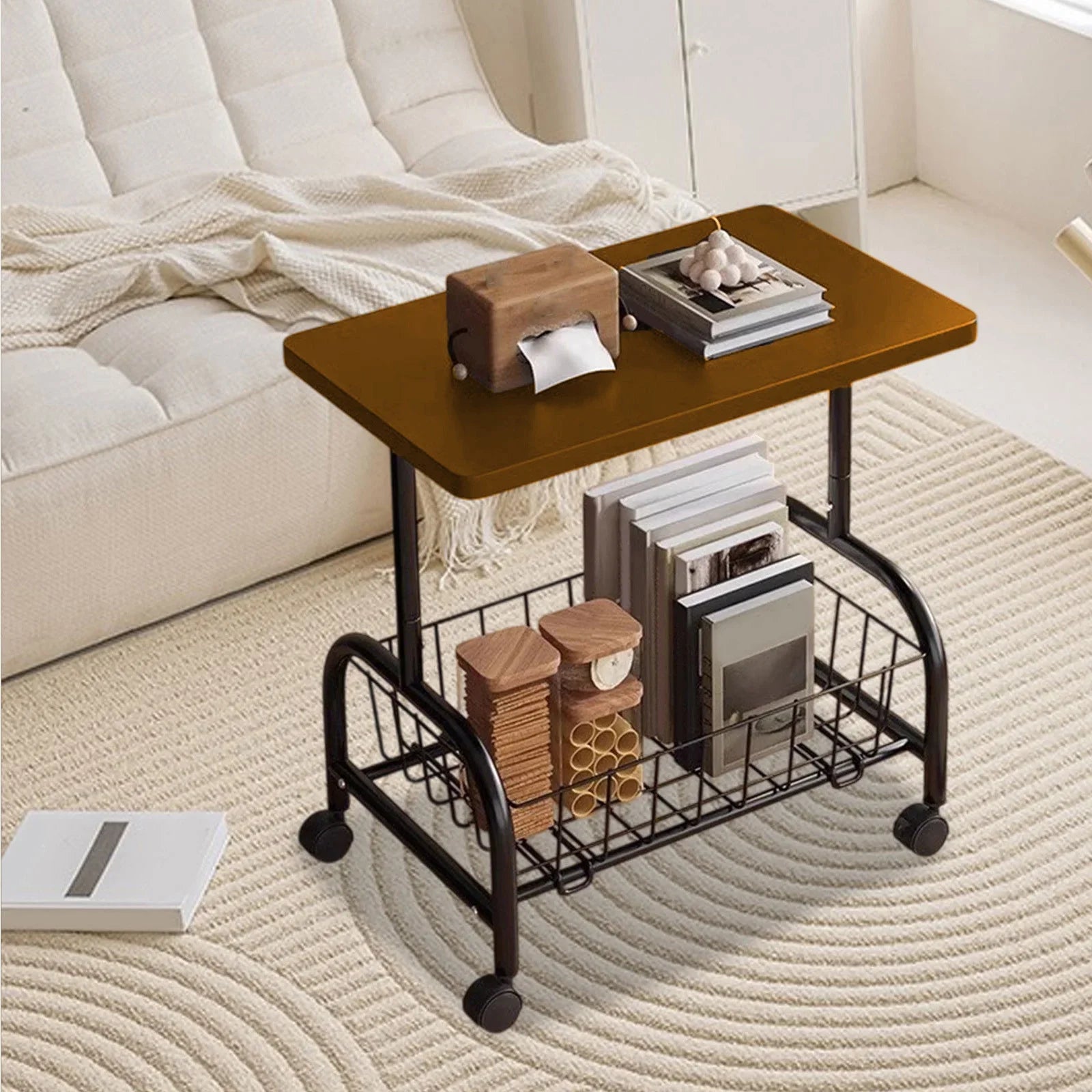 Masuta laterala tip coffee table, carucior mobil cu blat si rafturi metalic , 50x40x30 cm