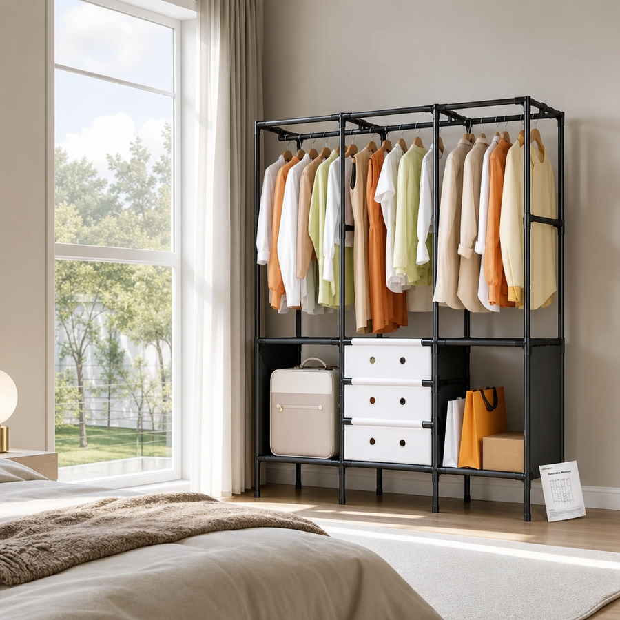 Dulap Textil Modular 122x41x188cm cu Usi Rabatabile Organizator Haine Cadru Metalic - detaliu produs