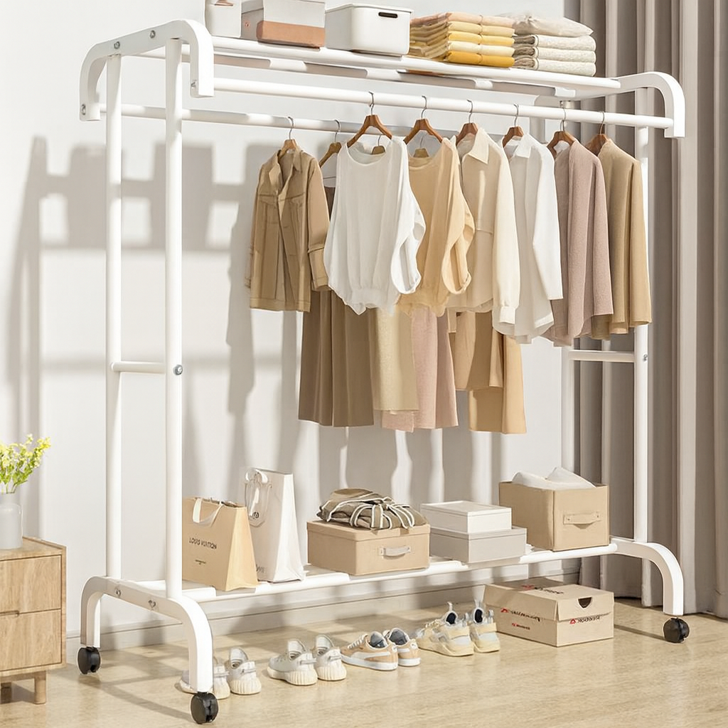 RESIGILAT - Suport dublu de umerase pentru haine, cu 1 suport de pantofi, din metal, cu raft depozitare deasupra – 50KG greutate maxima, 150x120x48cm