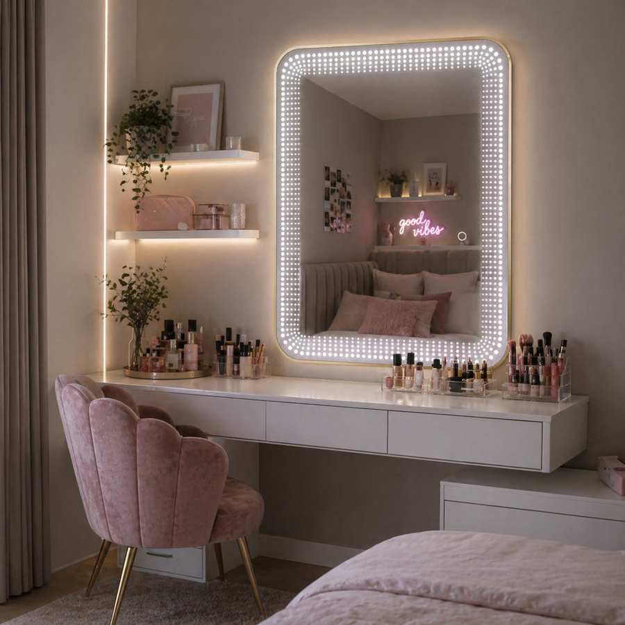 Oglinda LED Touch 90x70 cm iluminare 3 culori design modern rama aluminiu