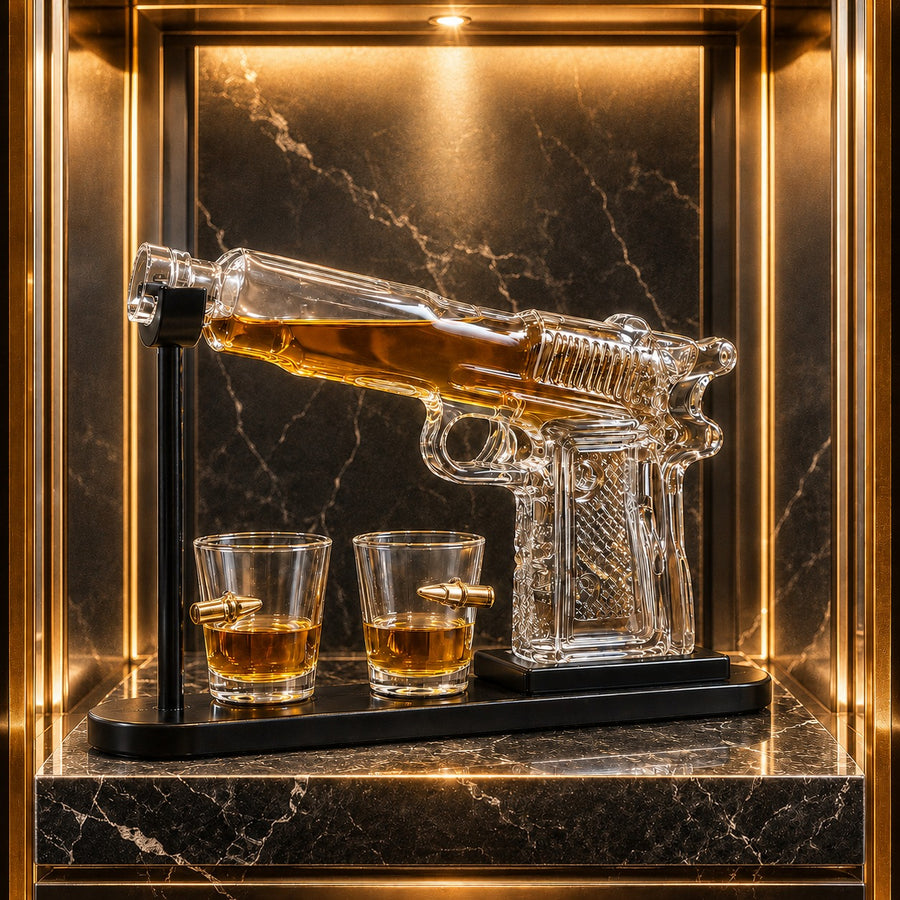 Set Decantor Bauturi  Forma Pistol si Gloante 220ml/50ml Sticla Lemn - detaliu produs