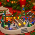 Decoratiune Muzicala de Craciun cu Luminare LED –Model Sat de Iarna cu Pod, Casute si Stand Mos Craciun