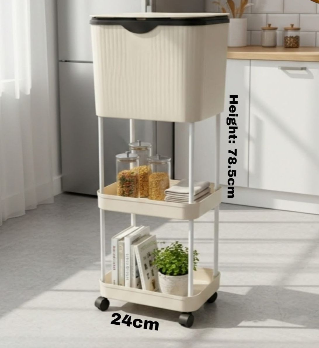 Carucior depozitare cu cos gunoi si 3 niveluri cu roti 360° , 78.5 x 24 x 17 cm