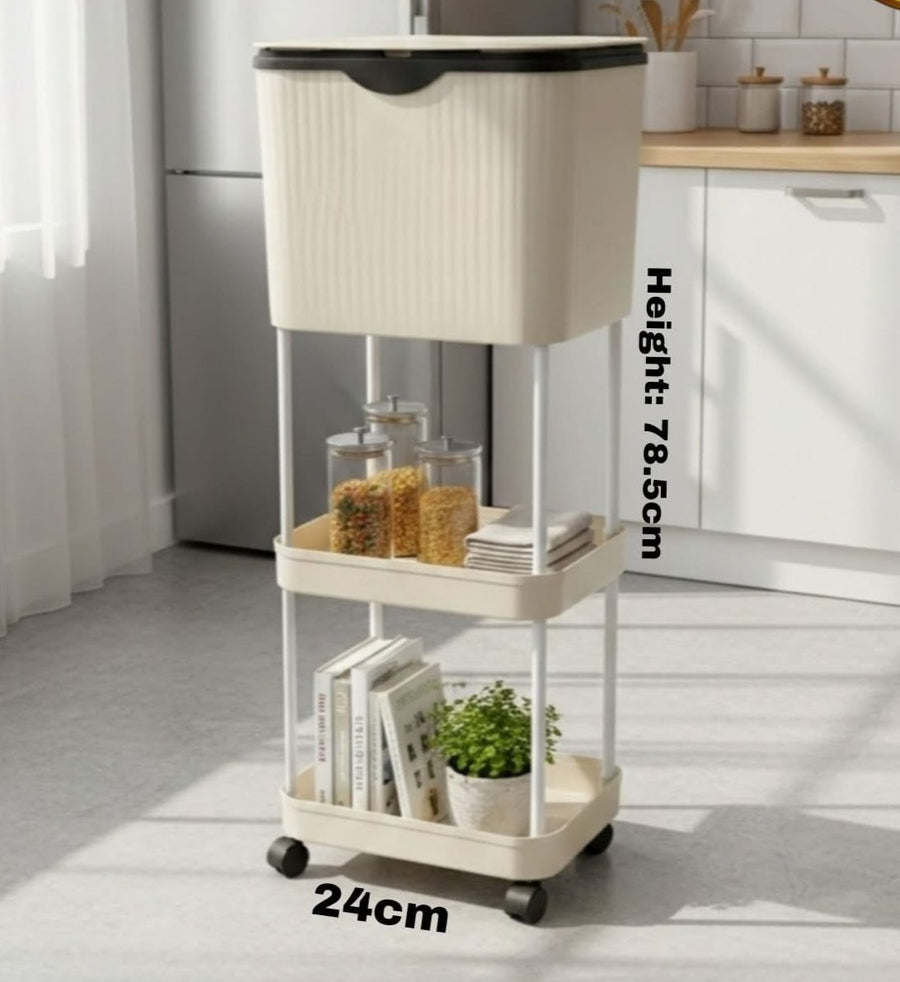 Carucior multifunctional cu cos de gunoi, 3 niveluri cu roti 360°, 78.5 x 24 x 17 cm