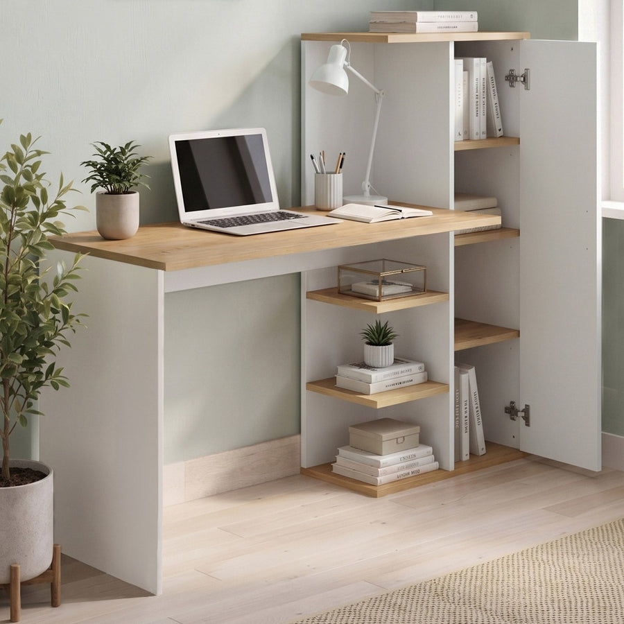 Birou cu bibliotecă și dulap, Alb și Stejar Natur - detaliu produs
