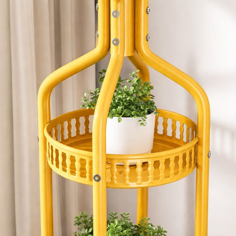RESIGILAT - Cuier de podea metalic auriu, 34 x 189 cm, cu carlige multiple si 2 rafturi de depozitare, tip hall tree, pentru hol, dormitor sau birou
