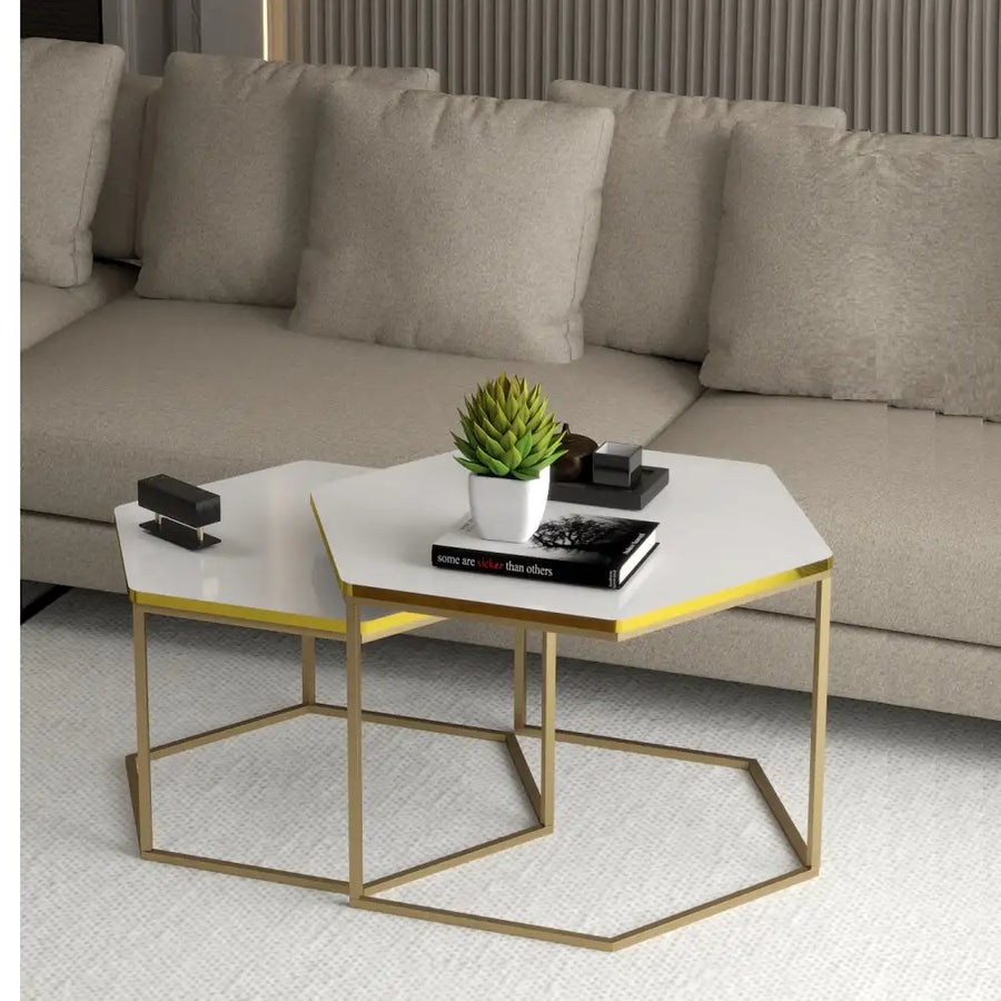 RESIGILAT - Set de 2 masute hexagonale, design Modern si Elegant cu Cadru Auriu si Blat Alb