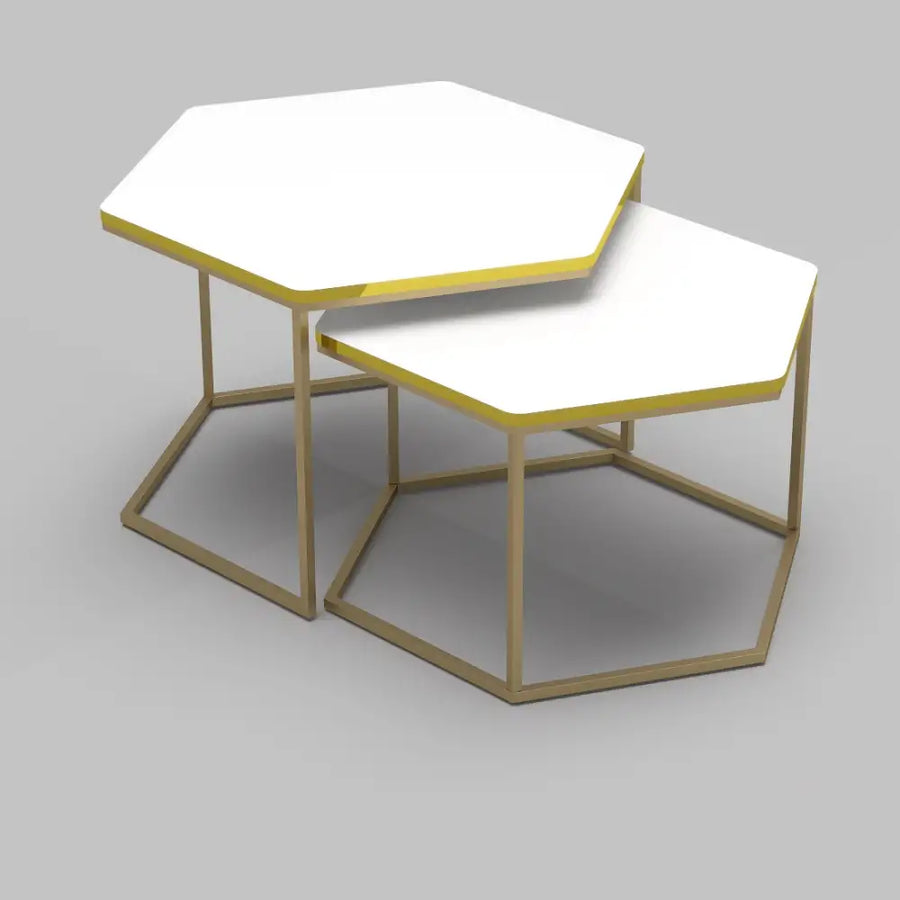 RESIGILAT - Set de 2 masute hexagonale, design Modern si Elegant cu Cadru Auriu si Blat Alb