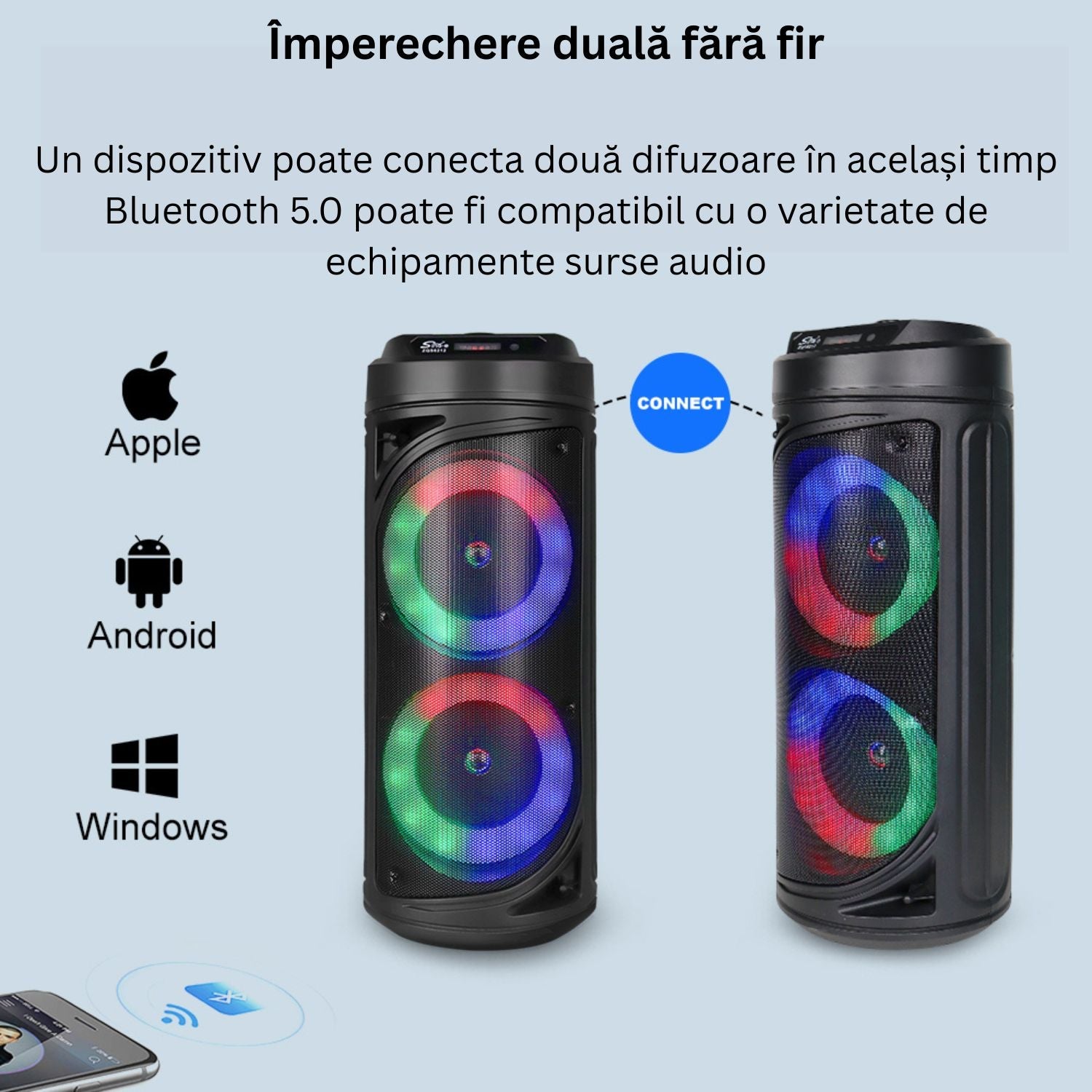 Boxa karaoke portabila Bluetooth cu microfon wireless, lumini LED RGB, 8 inch, ideala pentru petreceri si evenimente