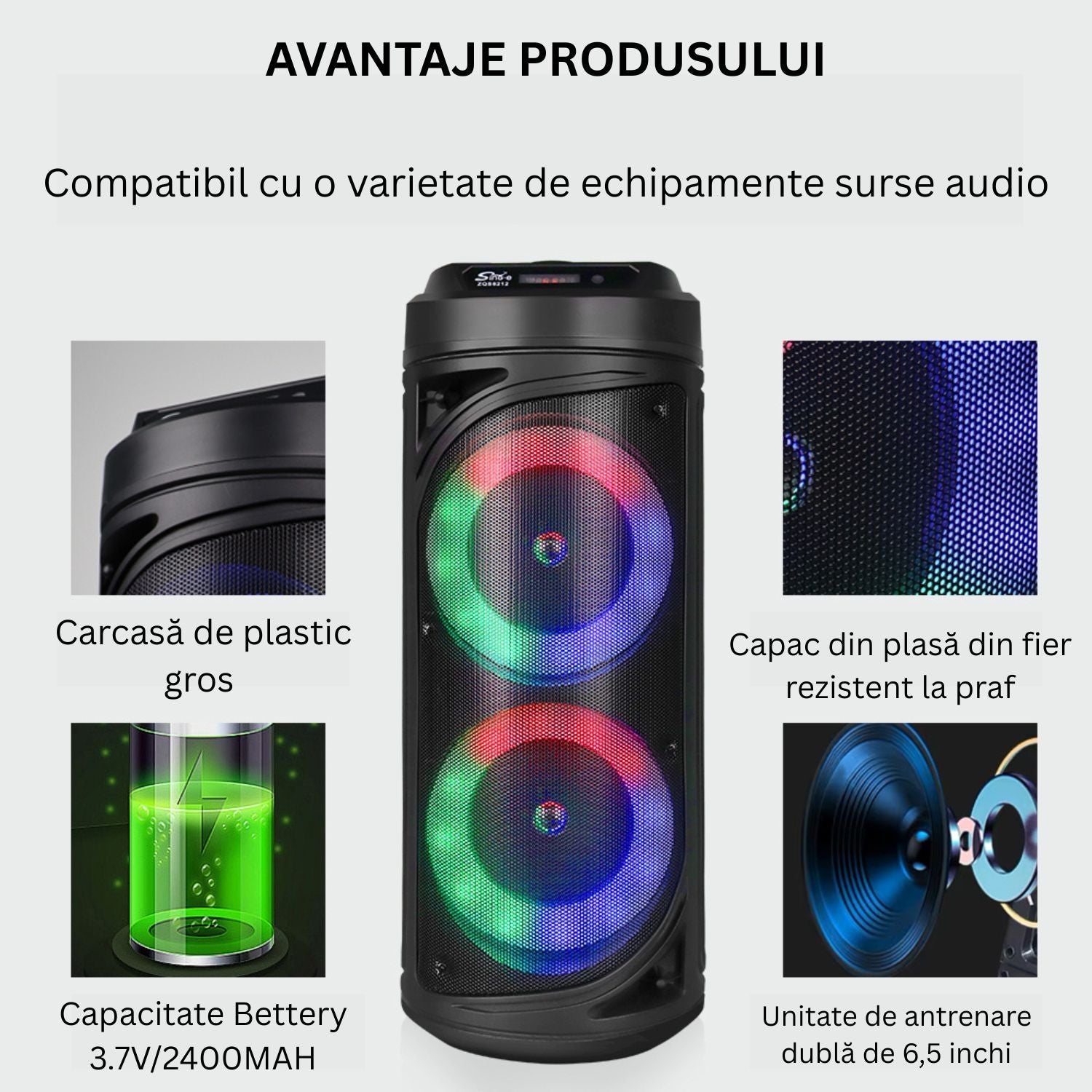 Boxa karaoke portabila Bluetooth cu microfon wireless, lumini LED RGB, 8 inch, ideala pentru petreceri si evenimente