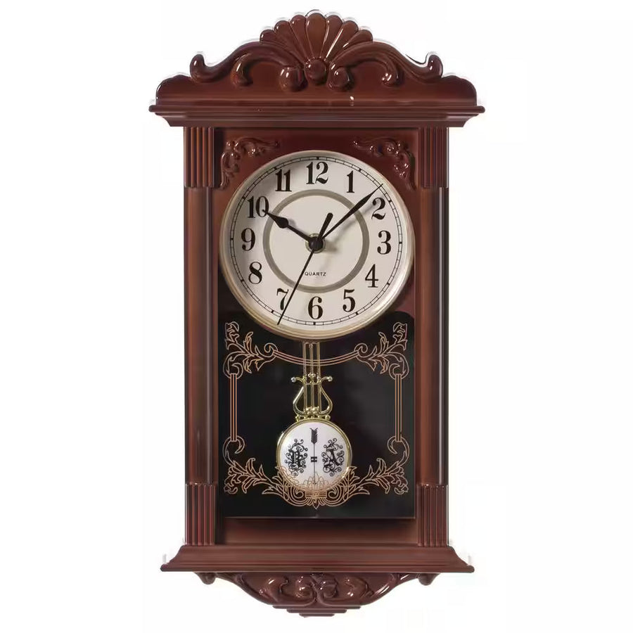 Ceas de perete vintage cu pendul, aspect lemn, 41 cm x 22 cm x 7 cm