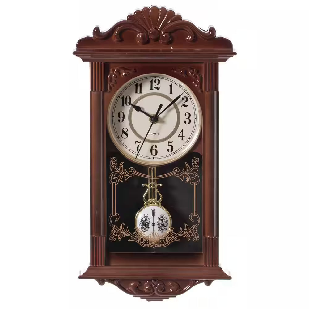 RESIGILAT - Ceas de perete vintage cu pendul, aspect lemn, 41 cm x 22 cm x 7 cm