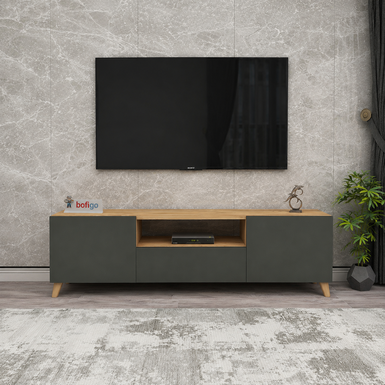 Comoda TV living 60 x 31,8 x 44,8 cm cm,  2 usi rabatabile soft-close, PAL melaminat 18 mm clasa E1, stil scandinav