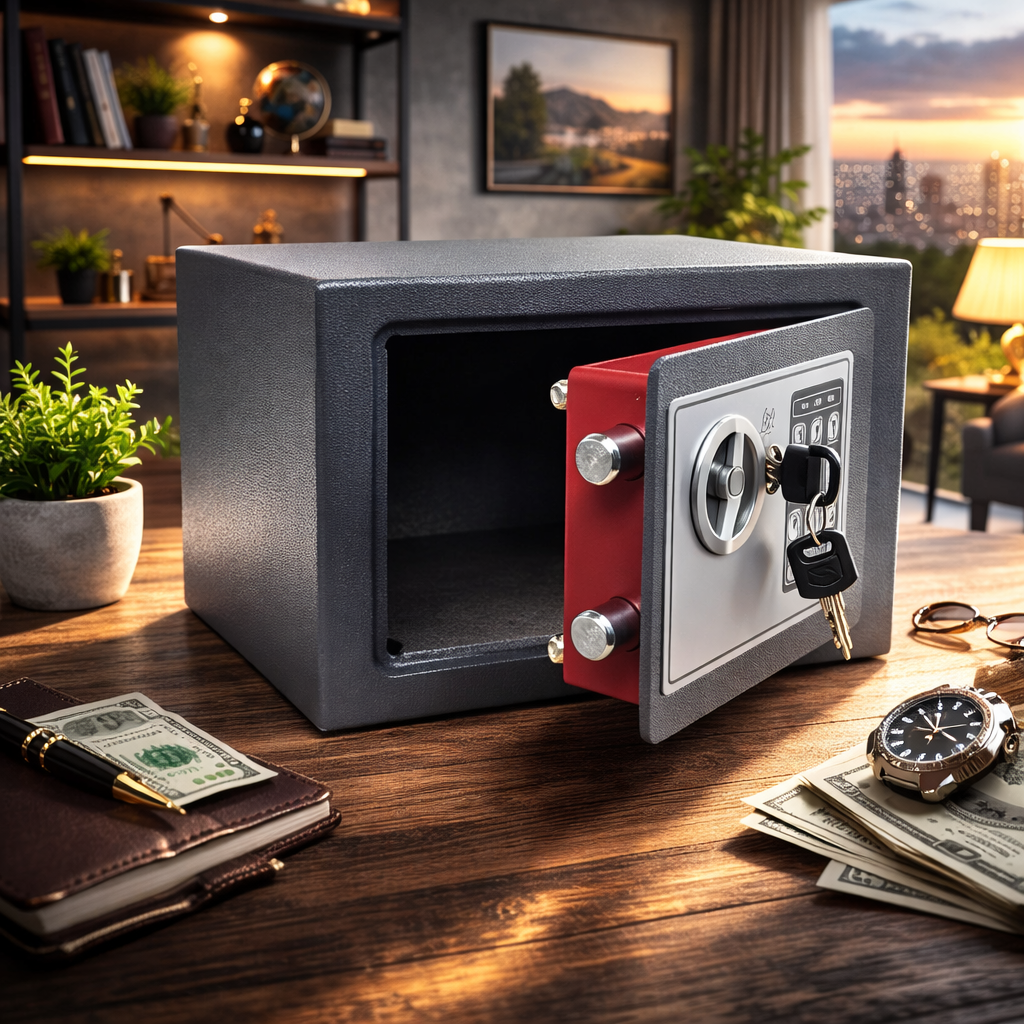 Seif metalic din otel cu inchidere electronica si cheie, 23 x 17 x 17 cm