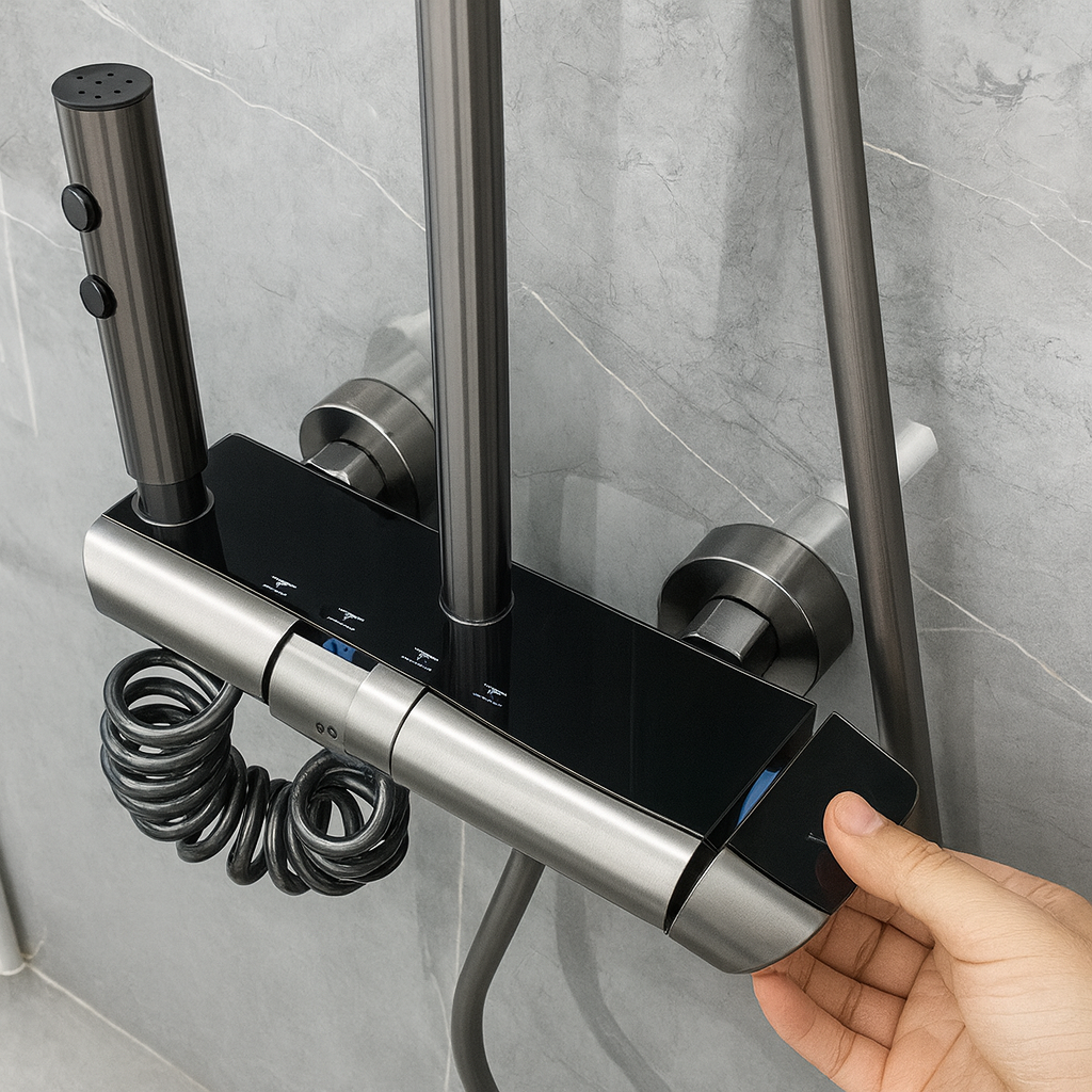 Set Coloana Dus Premium, 4 Functii, Butoane Piano, Tip Ploaie Relaxanta, Design Modern, Negru