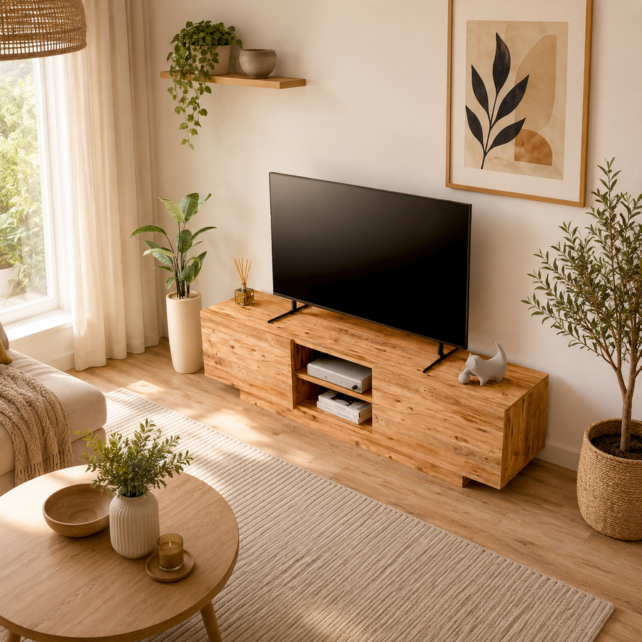 Comodă TV DORA cu uși și raft central, PAL 18 mm, 140 x 31 x 42 cm - detaliu produs