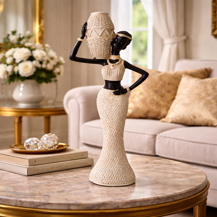 Statueta decorativa femeie africana cu vas, design elegant, rasina, stil etnic modern, decor interior premium, 28x10 cm