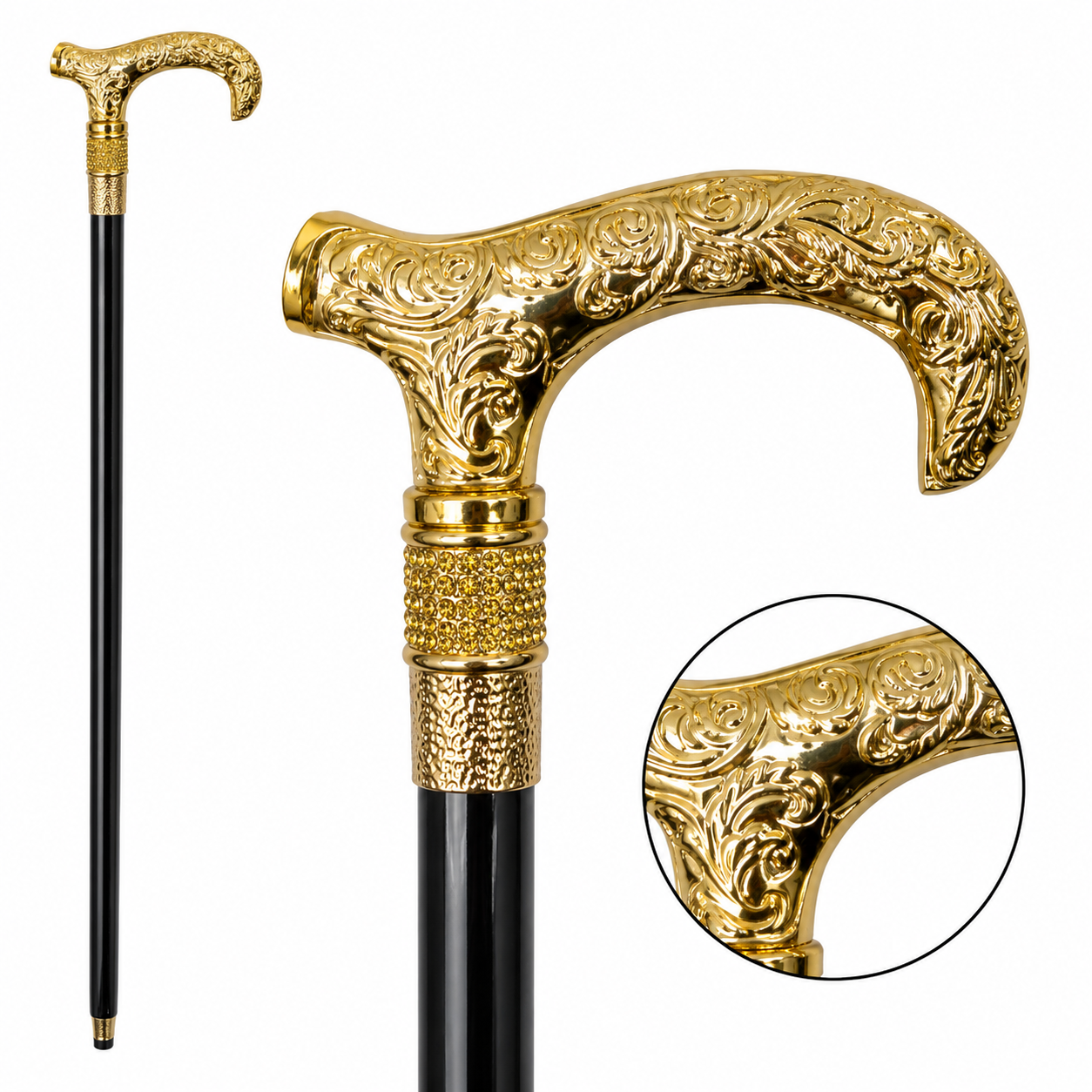 Baston Elegant Auriu cu Maner Ornamental Sculpturat Baston Clasic Premium - detaliu produs