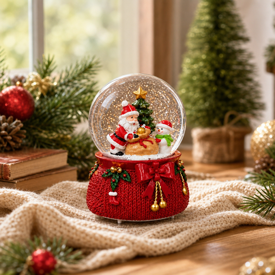 Glob Decorativ de Crăciun Premium cu Moș Crăciun, Brad și Ren – 15 × 10 cm - detaliu produs