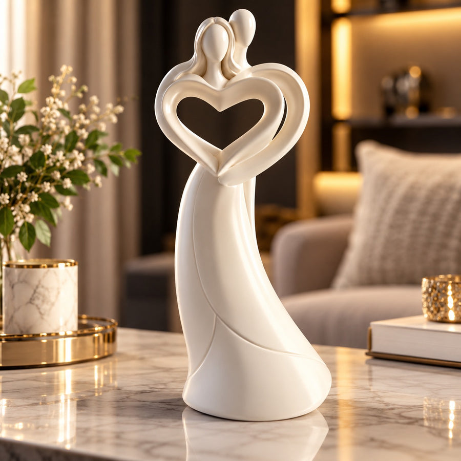 Statuetă Decorativă Cuplu cu Inimă, Rășină Finisată – 14 × 6 × 5,5 cm - detaliu produs