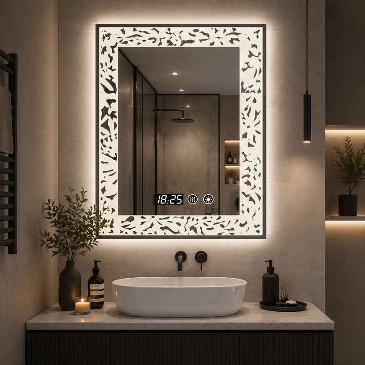 Oglinda LED baie 60x80 cm margini ornamentale iluminare reglabila touch ceas digital