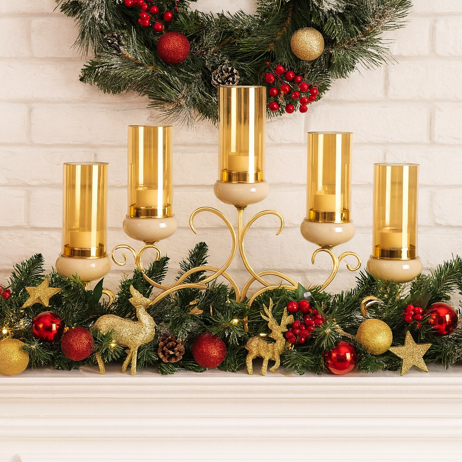 Candelabru Decorativ 34x69 cm cu 5 Suporturi Sticla Chihlimbar, Design Auriu