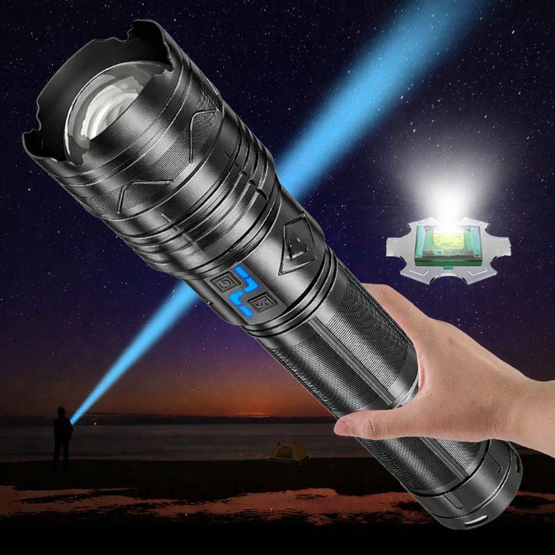 Lanterna profesionala cu LED laser, incarcare Type-C, 4 acumulatori inclusi, afisaj baterie, distanta iluminare pana la 1000 m,