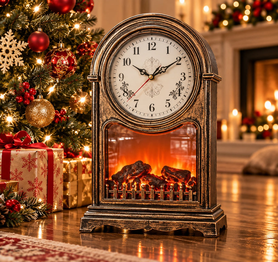 Ceas de Masă Premium cu Șemineu Decorativ, Efect de Flacără și Jar – 25 × 14 × 40 cm - detaliu produs