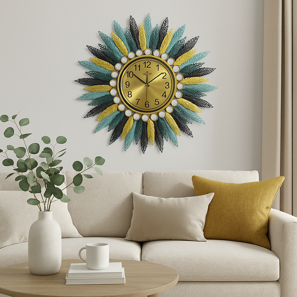 Ceas de perete decorativ, design modern floare, metalic, 73cm