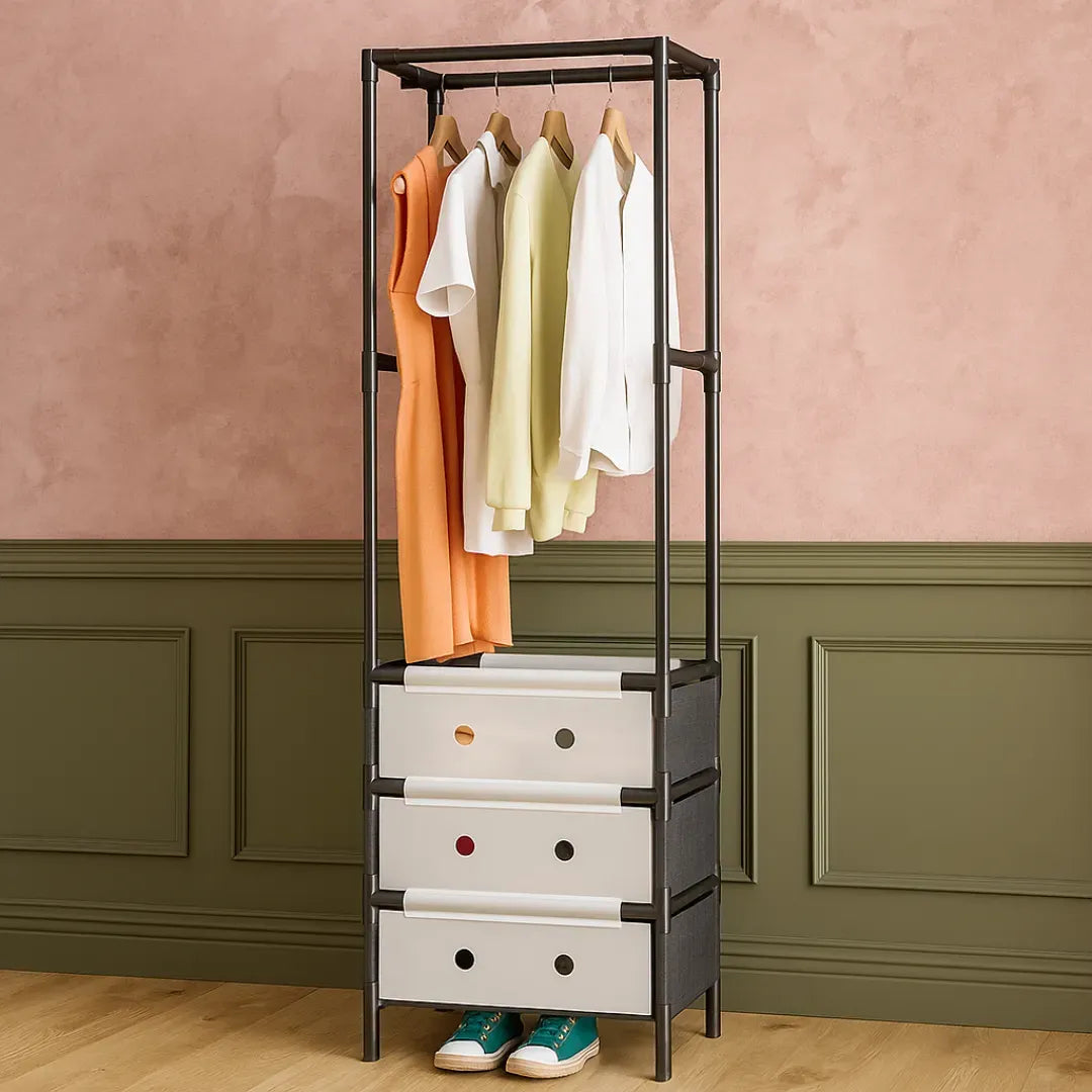 Organizator haine cu 3 sertare si bara umerase 41x41x188 cm, Negru