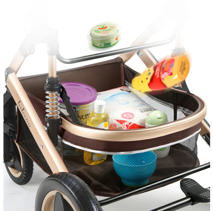 Carucior Bebelusi 2 in 1 Premium, Pliabil, cu Roti Cauciuc si Suspensii, Transformabil Landou-Sport, Cos Depozitare, 0-36 Luni