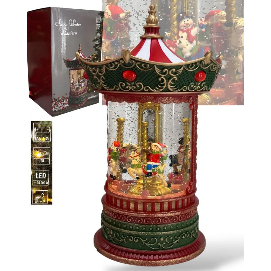 Glob de zapada muzical cu carusel de Craciun, premium,cu lumini LED, efect de ninsoare si figurine Mos Craciun si Om de Zapada