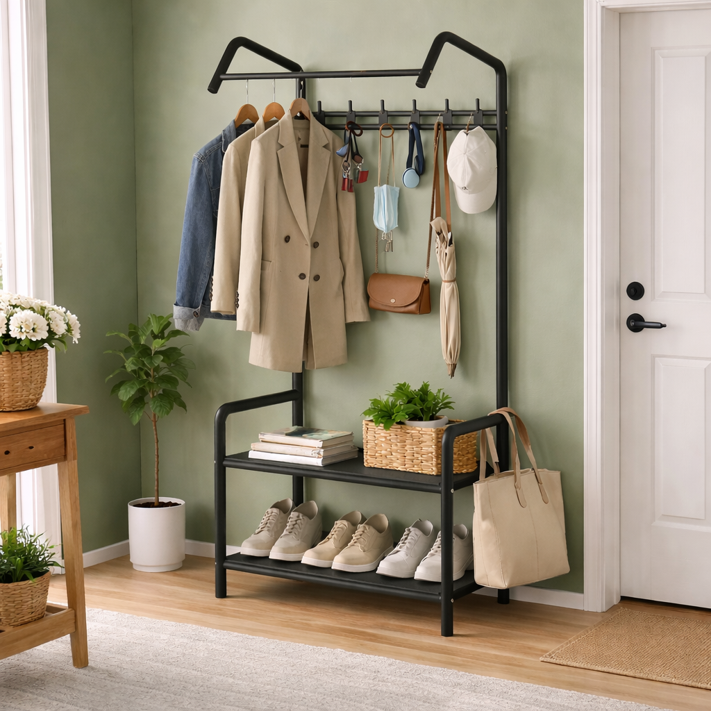 Suport haine metalic 2 in 1 cu polita pentru incaltaminte, 166x60x32 cm