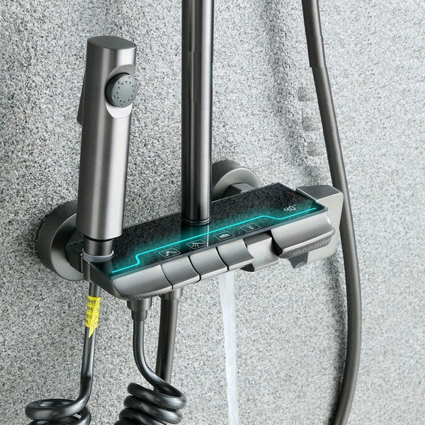 RESIGILAT - Coloana de Dus Smart, Afisaj LED Ceas, Grade, Control Termostatic, 4 Moduri de Pulverizare,Lumini LED, Materiale Premium, Para Dus, Robinet Ascuns, Fara Conectare Electrica