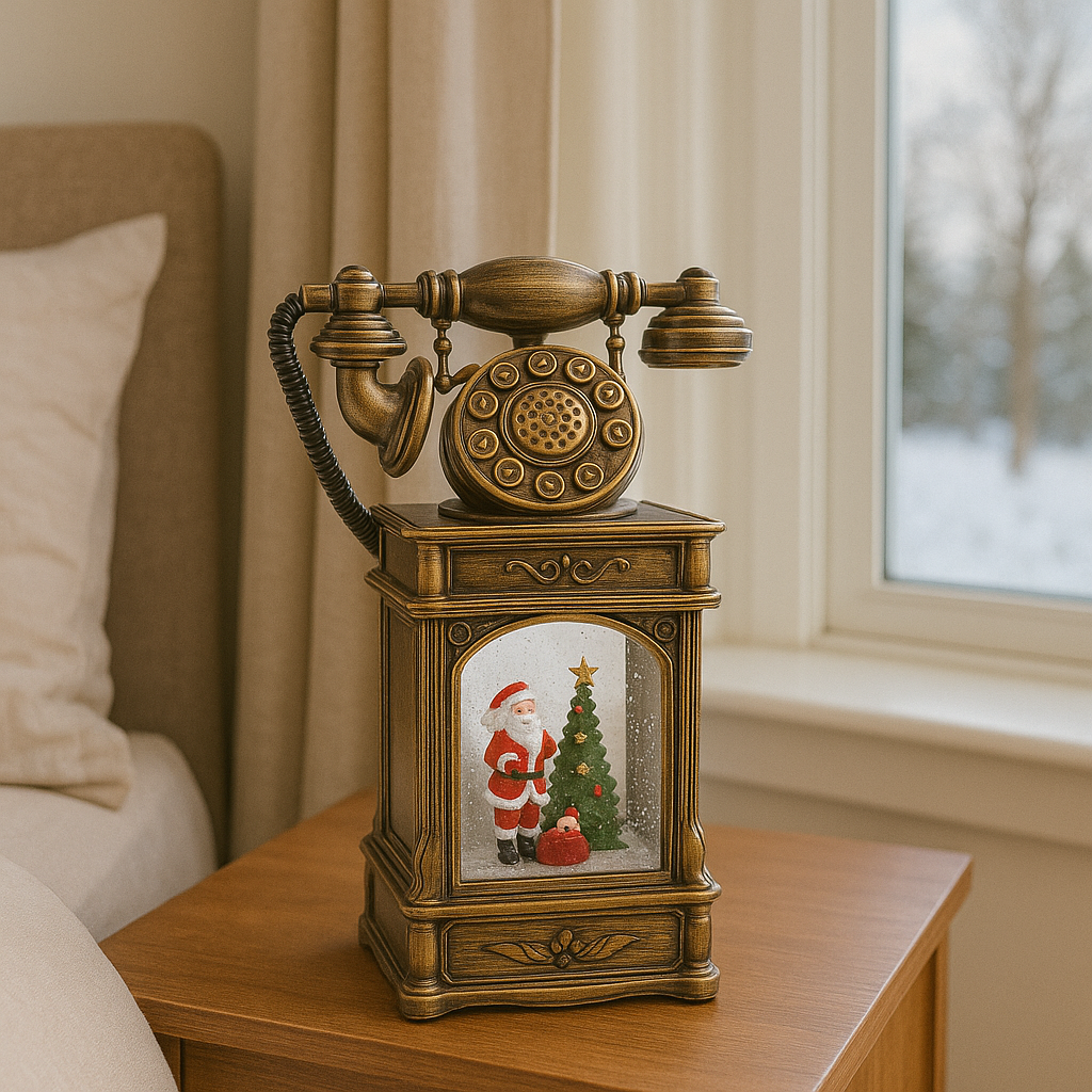 Decoratiune premium Nostalgic Phone, cu functii muzicale, lumina LED si zapada in miscare, Taina sosirii lui Mos Craciun, Maro bronz 32X17X8 cm,