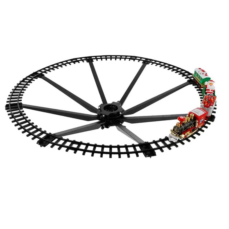 Set Tren Electric de Craciun  pentru Brad, Lumini si Sunete, 22 Piese, Locomotiva, Vagon Carbune, Sanie Mos Craciun si Sine