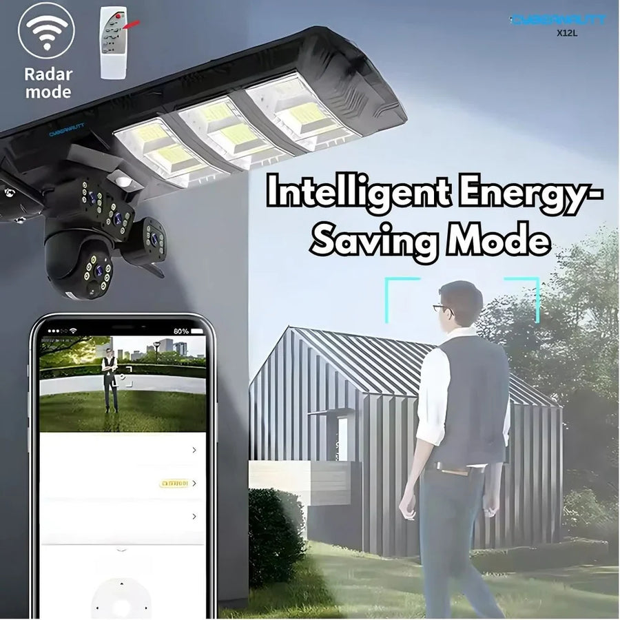 Lampa cu panou solar, 450 W, cu 3 camere supraveghere incorporate, slot sim, 4G, 12MP