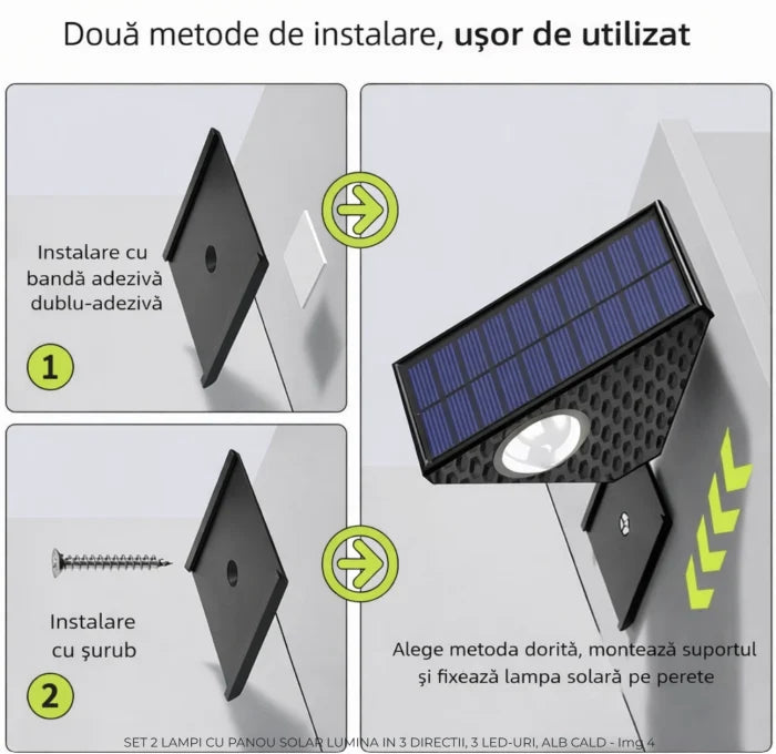 Set 2 Lampi Solare Decorative de Perete Lumina 3 Directii Multicolor Alb Rece Alb Cald - detaliu produs