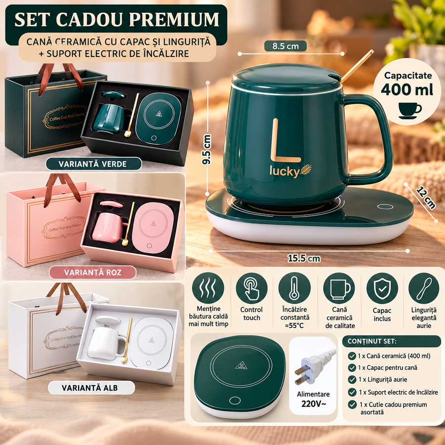 Set cadou Cana ceramica cu incalzitor, lingurita, temperatura constanta 55 grade, 220V, 400 ml