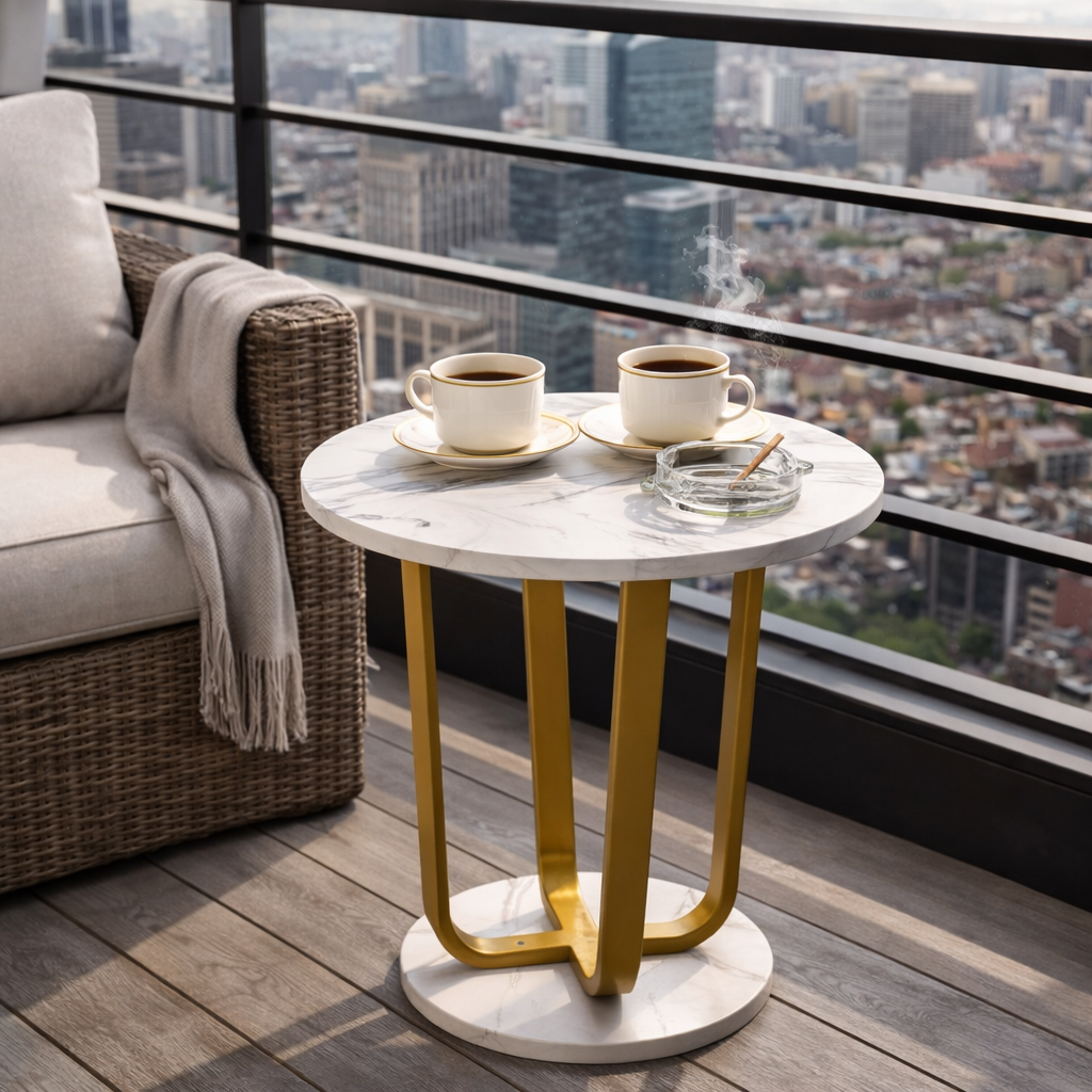 Masuta rotunda, blat efect marmura, cadru metalic auriu, design modern, 40x55 cm