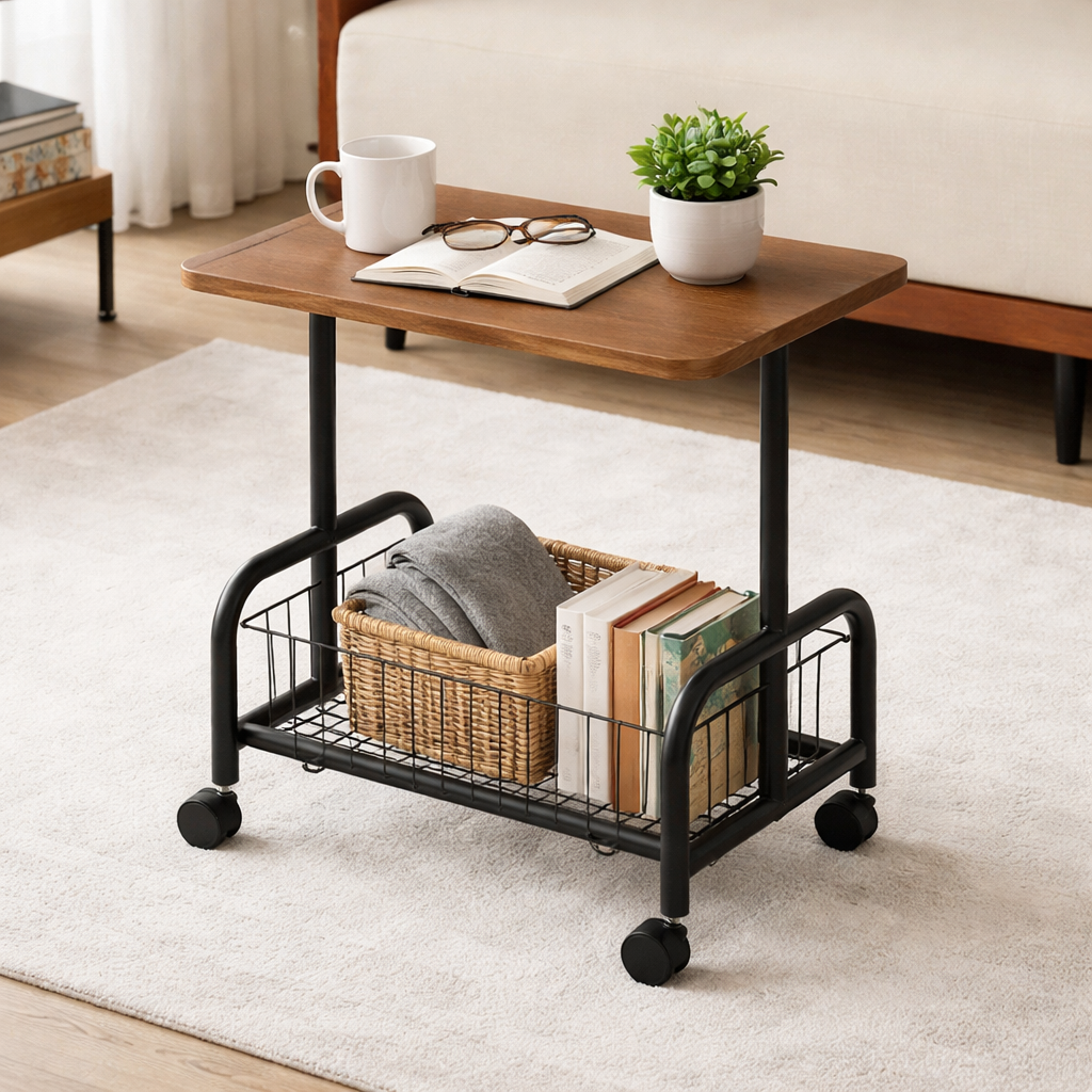 Masuta laterala tip coffee table, carucior mobil cu blat si rafturi metalic , 50x40x30 cm