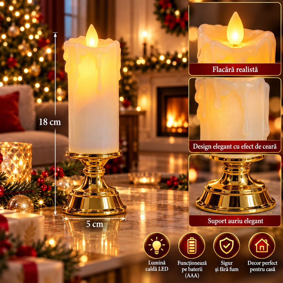 Lumânare LED Premium cu Flacără Realistă, Efect de Ceară Topită și Suport Auriu Elegant – 18 × 5 cm - detaliu produs