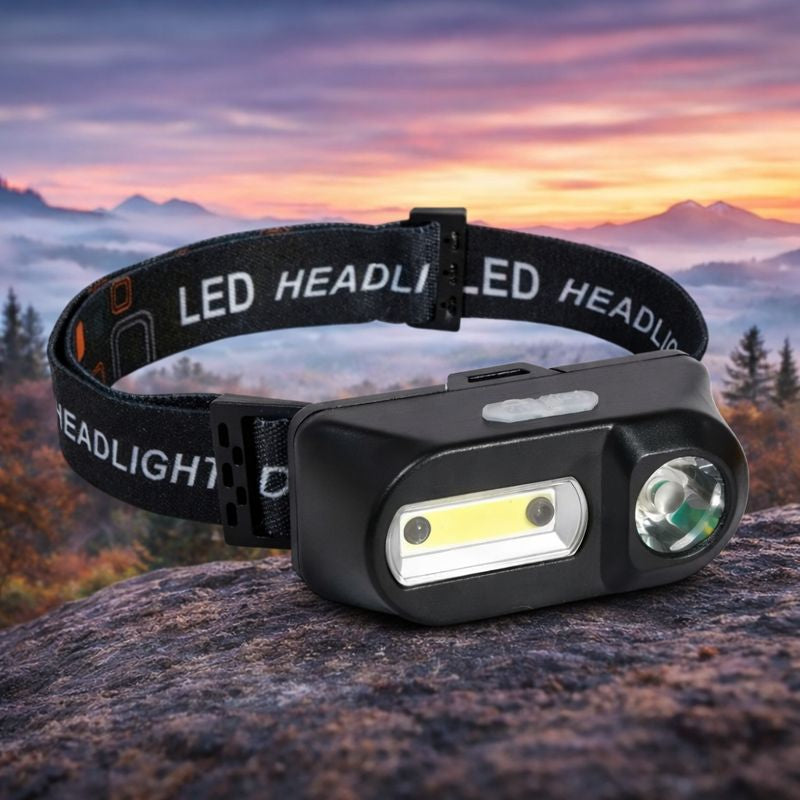 Lanterna frontala, de cap cu senzor, 3 moduri iluminat led Cob, 3 moduri iluminat led XPE, acumulator 3.7v, incarcare Usb 5v