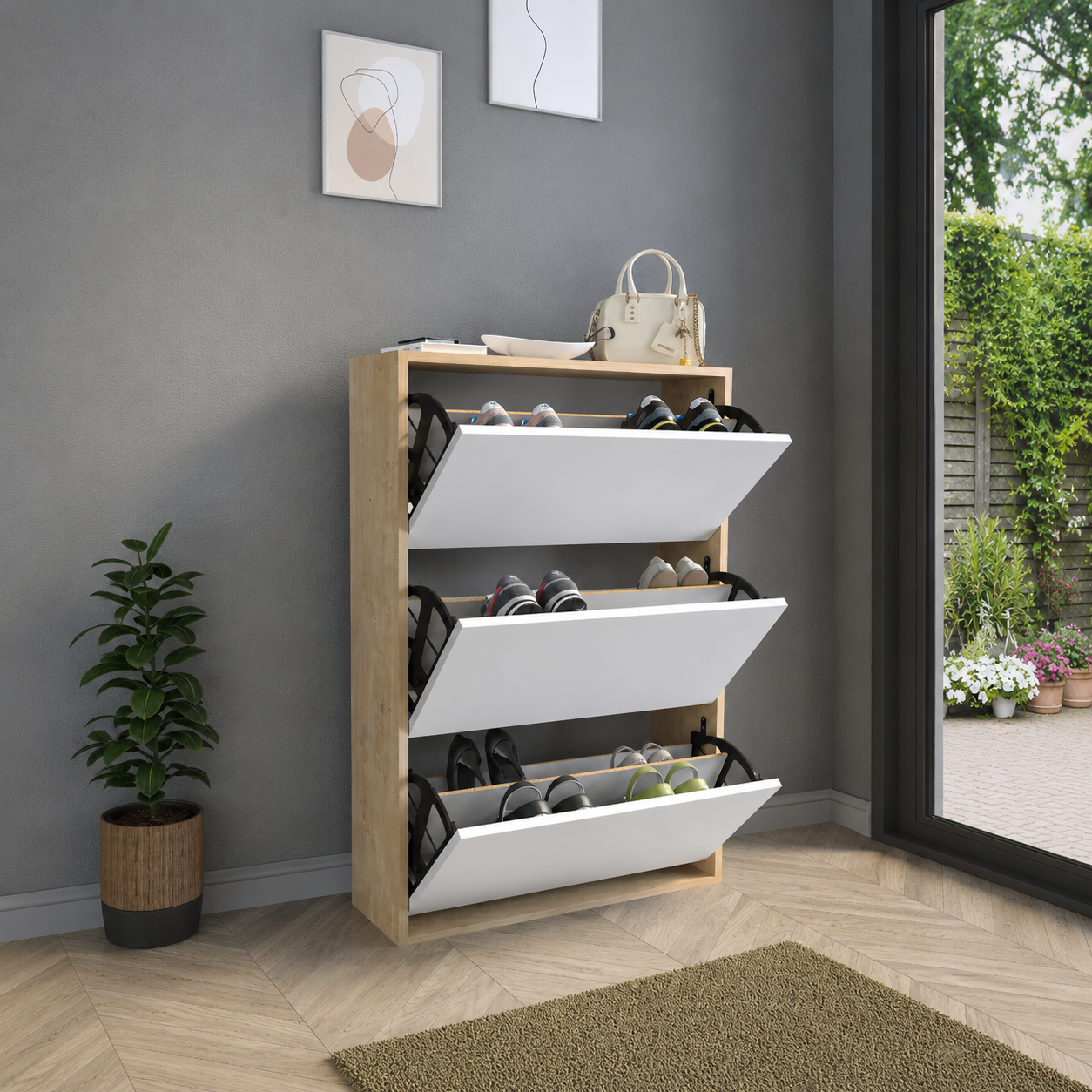 Pantofar cu usa rabatabila si rafturi glisante, 3 compartimente, PAL melaminat de 18 mm, 110  x 73,5  x 22 cm