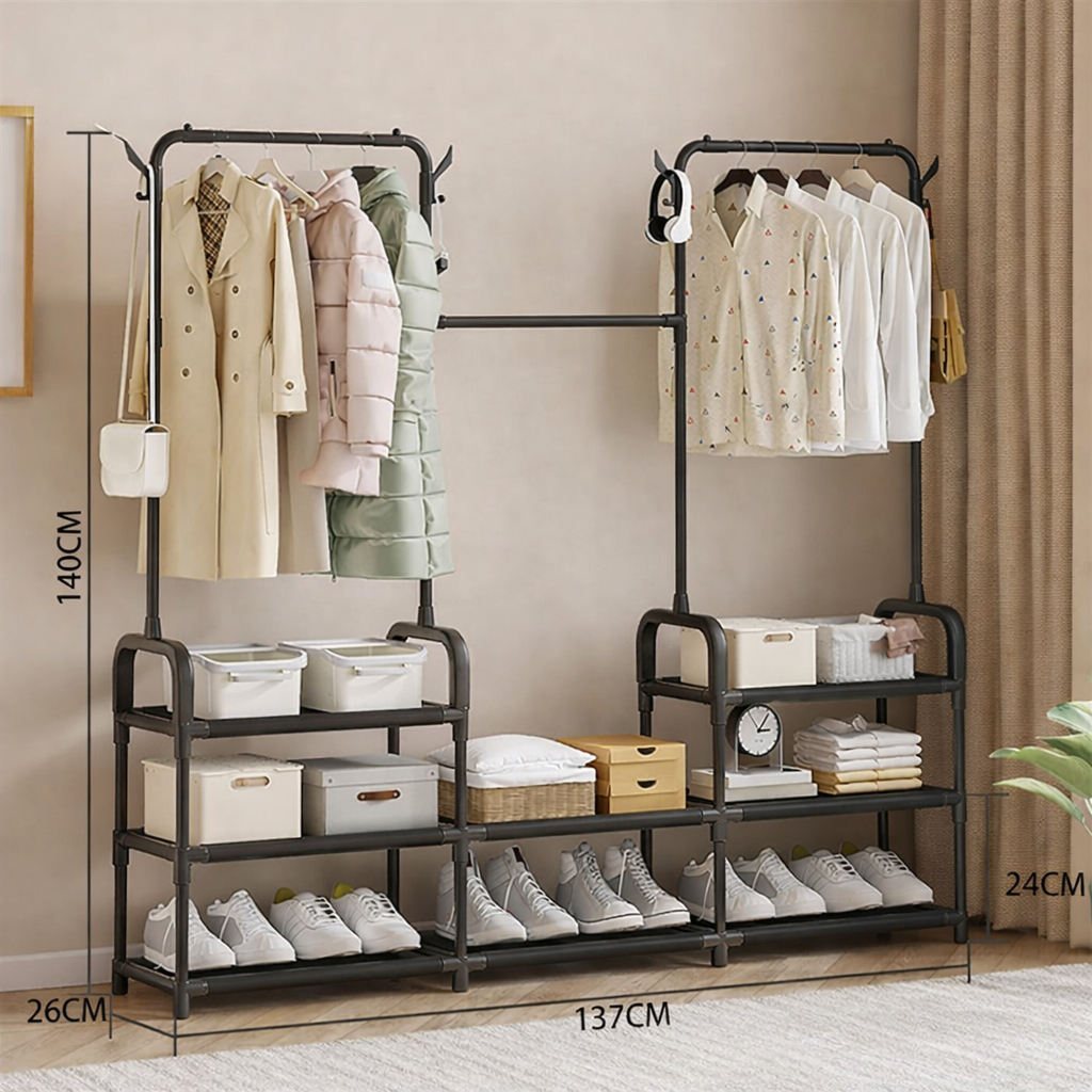 Suport haine metalic  cu rafturi depozitare si carlige laterale Negru 164x137x26 cm